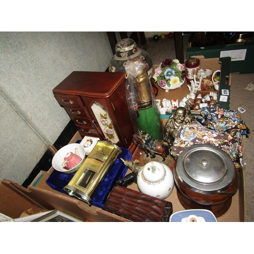 379 - BOX OF MISC TO INCL CLOCK, BISCUIT BARREL ETC