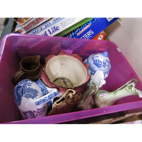 393 - BOX OF MIXED CERAMICS TO INCL EWERS AND JARDINIERE