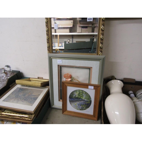 420 - COLLAGE PRINT; GILT FRAMED MIRROR; NEEDLEWORK