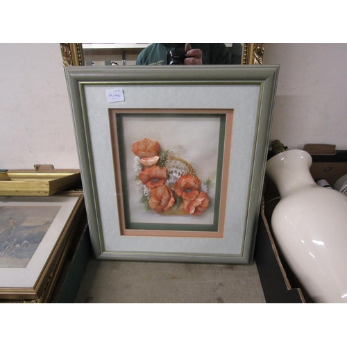 420 - COLLAGE PRINT; GILT FRAMED MIRROR; NEEDLEWORK