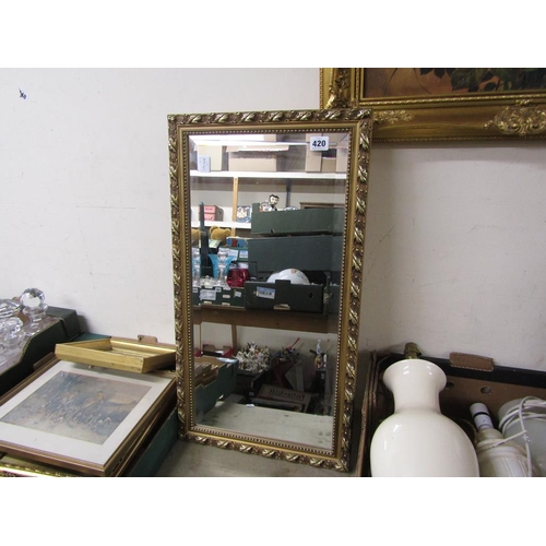 420 - COLLAGE PRINT; GILT FRAMED MIRROR; NEEDLEWORK