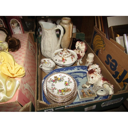 485 - BOX OF CERAMICS TO INCL VICTORIAN STAFFORDSHIRE DOGS, CHINESE B&W PLATTER