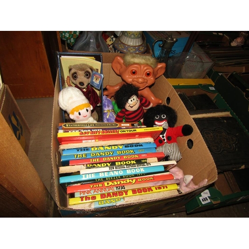 487 - VINTAGE ANNUALS AND SOFT TOYS ETC