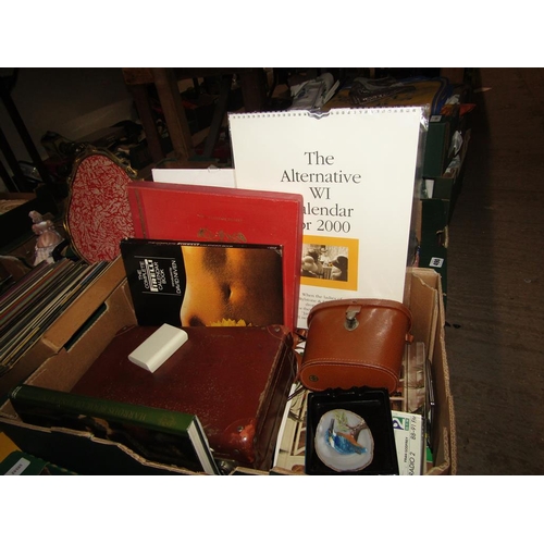 489 - BOX OF MISC TO INCL LEATHER CASE, BINOCULARS ETC