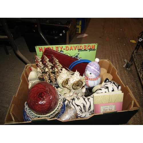 493 - BOX OF CERAMICS, ORNAMENTS ETC