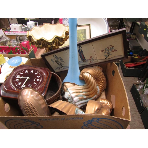 497 - BOX OF MISC TO INCL CLOCKS, JARDINIERE, VASE ETC