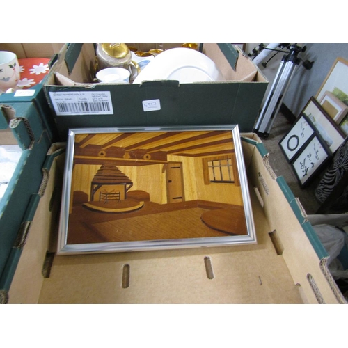 513 - QTY OF PHOTOGRAPHIC PRINTS, MARQUETRY PANELS ETC