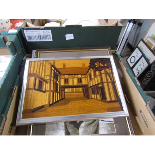 513 - QTY OF PHOTOGRAPHIC PRINTS, MARQUETRY PANELS ETC