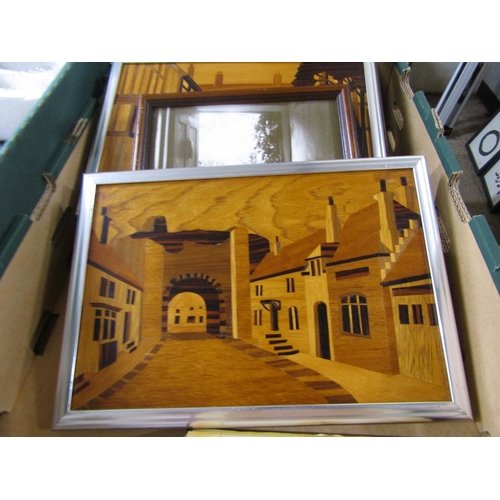 513 - QTY OF PHOTOGRAPHIC PRINTS, MARQUETRY PANELS ETC