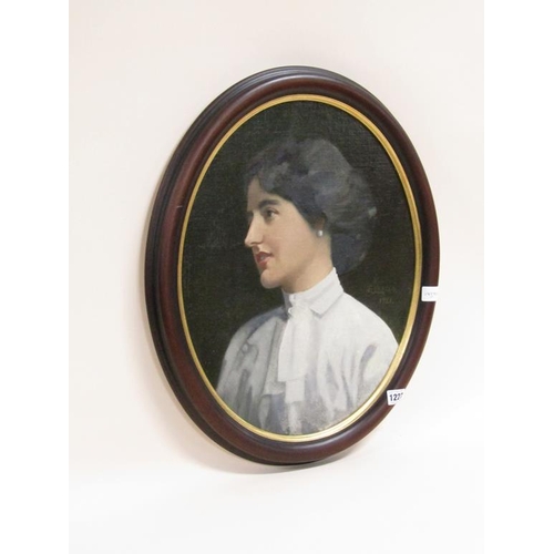 1227 - FRAMED OVAL PORTRAIT OF A LADY, 49CM X 30CM