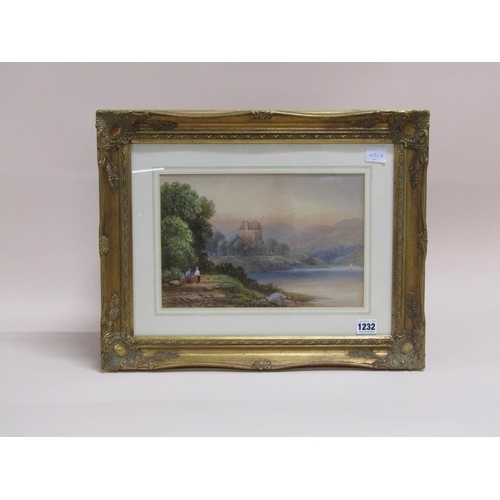 1232 - UNSIGNED 19C - TWO FIGURES ON THE BANKS OF A LAKE, WATERCOLOUR, F/G, 20CM X 30CM