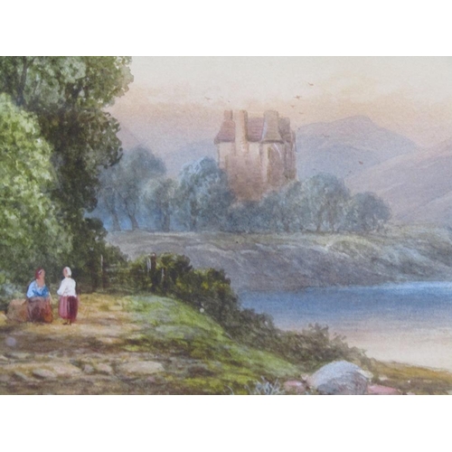 1232 - UNSIGNED 19C - TWO FIGURES ON THE BANKS OF A LAKE, WATERCOLOUR, F/G, 20CM X 30CM