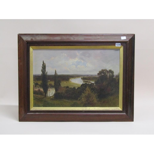 1239 - UNSIGNED 19C - MANOR HOUSE AND RIVER BEND, OIL ON CANVAS, FRAMED, 39CM X 57CM