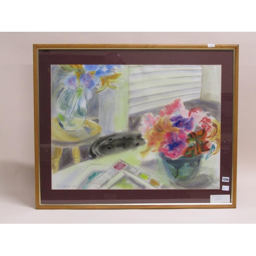 1240 - MEL SOREN 1983 - VASES OF FLOWERS IN WINDOW SETTING, WATERCOLOUR, F/G, 56CM X 75CM