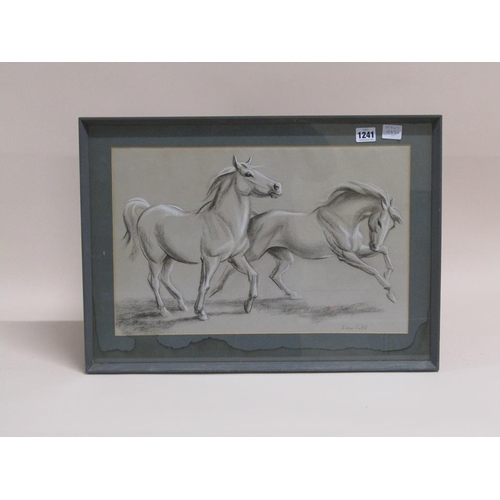 1241 - ERICA SUTTILL - TWO WILD HORSES, CHARCOAL AND WHITE CHALK, F/G, 30CM X 47CM