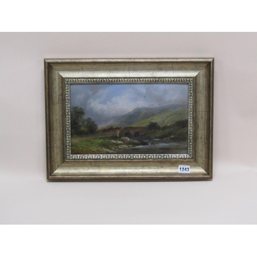 1243 - UNSIGNED - HORSE DRAWN CART CROSSING BRIDGE, OIL LON BOARD, FRAMED, 20CM X 32CM