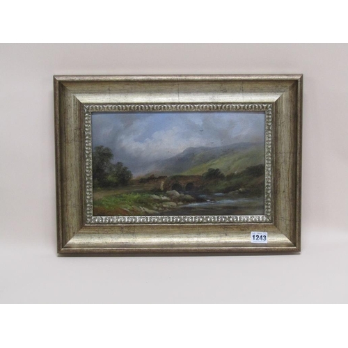 1243 - UNSIGNED - HORSE DRAWN CART CROSSING BRIDGE, OIL LON BOARD, FRAMED, 20CM X 32CM