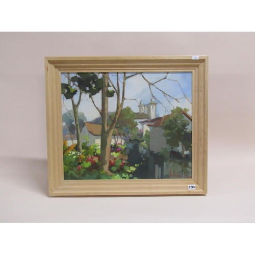 1245 - JO CINELE - EUROPEAN HOME WITH ADJOINING WATERWAY, SIGNED OIL ON BOARD, FRAMED, 49CM X 58CM