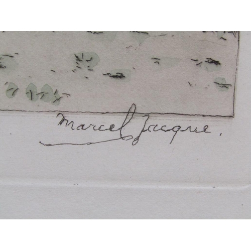 1246 - MARCEL JACQUE - BARBIZON & L'ATTELAGE, SIGNED COLOURED PRINTS, EACH FRAMED, 18CM X 25CM