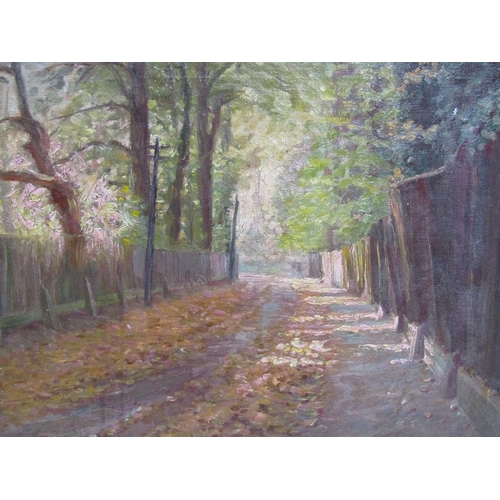 1248 - SIGNED INDISTINCTLY - AVENUE OF TREES, OIL ON BOARD, FRAMED, 34CM X 45CM