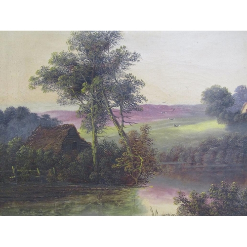 1254 - C MARNE - PAIR, THE HAYRICK & RIVERSCAPE, OIL ON CANVAS, BOTH SIGNED, 24CM X 29CM