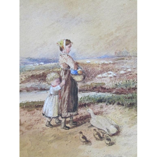 1265 - IN THE MANNER BIRKETT FOSTER, SIGNED IN MONO - LADY AND CHILD FEEDING THE DUCKS, WATERCOLOUR, UNFRAM... 