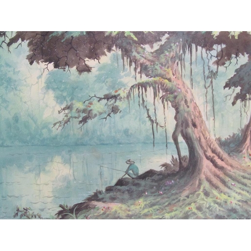 1268 - SIGNED INDISTINCTLY - ORIENTAL RIVERSCAPE WITH FISHERMAN, WATERCOLOUR, F/G, 26CM X 36CM