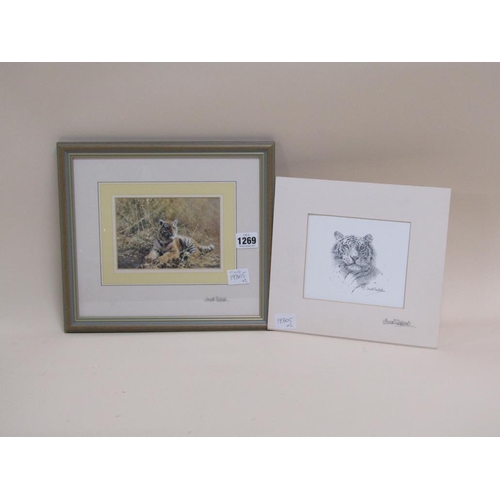 1269 - DAVID SHEPHERD - TWO TIGER PRINTS - ONE FRAMED, SIGNED IN PENCIL - LARGEST 11CM X 16CM