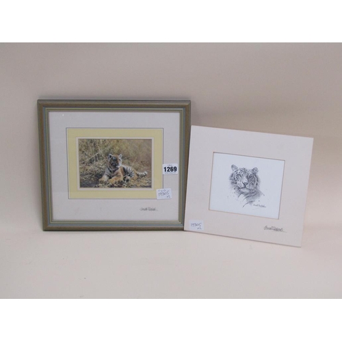 1269 - DAVID SHEPHERD - TWO TIGER PRINTS - ONE FRAMED, SIGNED IN PENCIL - LARGEST 11CM X 16CM