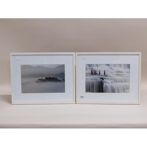 1270 - MATTHIEU RICKARD - PAIR, PHOTOGRAPHIC PRINTS, NAMO BUDDHA & MONKS IN WATERFALL, F/G, 23CM X 35CM