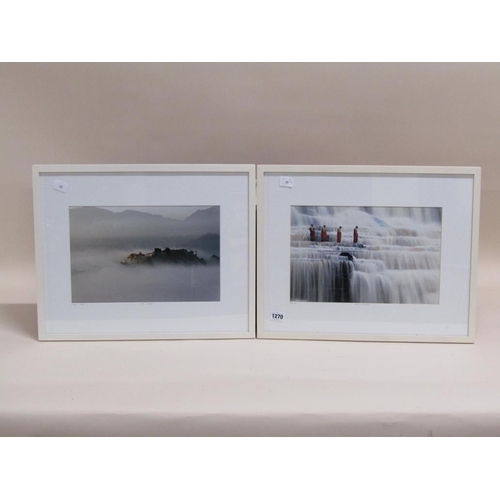 1270 - MATTHIEU RICKARD - PAIR, PHOTOGRAPHIC PRINTS, NAMO BUDDHA & MONKS IN WATERFALL, F/G, 23CM X 35CM