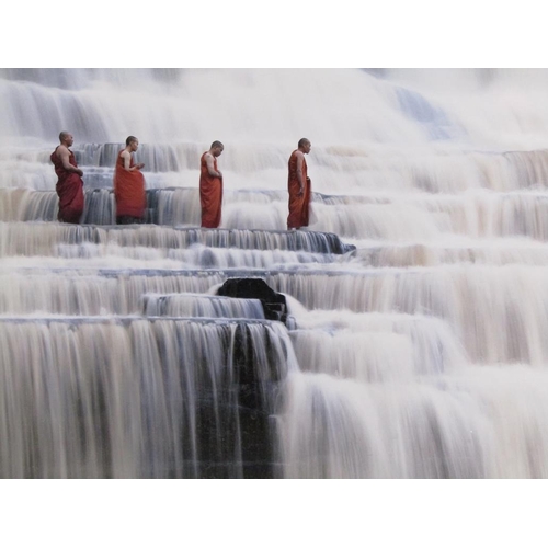 1270 - MATTHIEU RICKARD - PAIR, PHOTOGRAPHIC PRINTS, NAMO BUDDHA & MONKS IN WATERFALL, F/G, 23CM X 35CM