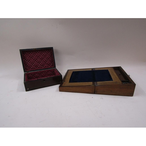 1320 - LATE VICTORIAN WALNUT TUNBRIDGE BANDED WRITING SLOPE; NEEDLEWORK BOX