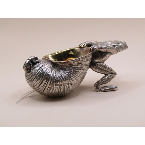 1474 - FRANCIS HOWARD LTD STERLING SILVER TABLE SALT IN THE FORM OF A FROG PULLING A SHELL 14.3ozt SHEFFIEL... 