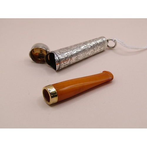 1475 - SILVER CHEROOT HOLDER WITH AMBER CHEROOT AND 9ct GOLD TIP