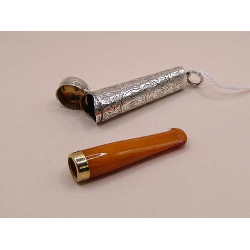 1475 - SILVER CHEROOT HOLDER WITH AMBER CHEROOT AND 9ct GOLD TIP