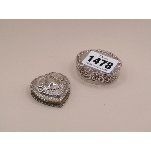 1478 - SILVER HEART SHAPED BOX AND COVER AND SILVER SNUFF BOX