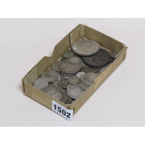 1502 - BOX OF PRE 1945 BRITISH COINS PLUS SOUTH AFRICAN AND OTHER CROWNS