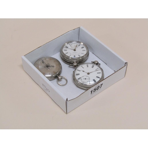 1507 - THREE SILVER CASED POCKET WATCHES, ONE WITH SILVER DIAL