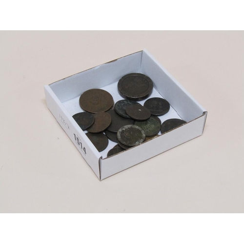 1514 - BOX OF MIXED COPPER AND OTHER COINS TO INC. 1797 CARTWHEEL PENNY, 1811 CORNISH PENNY ETC