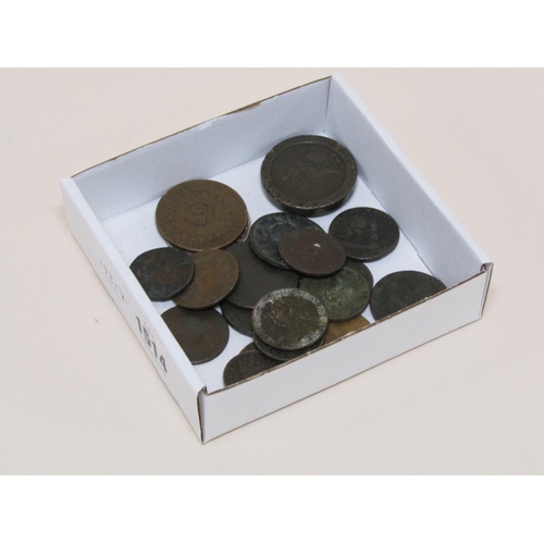 1514 - BOX OF MIXED COPPER AND OTHER COINS TO INC. 1797 CARTWHEEL PENNY, 1811 CORNISH PENNY ETC