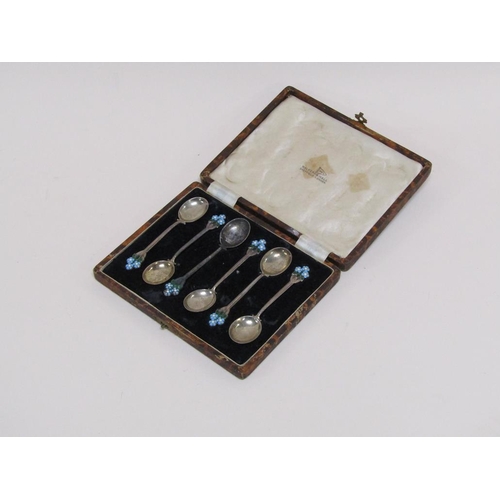 1531 - SIX SILVER TEASPOONS WITH FLORAL ENAMEL FORGET ME NOT TERMINALS