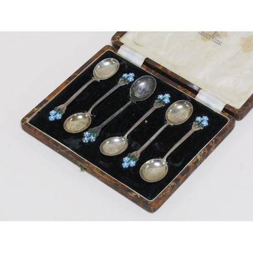 1531 - SIX SILVER TEASPOONS WITH FLORAL ENAMEL FORGET ME NOT TERMINALS