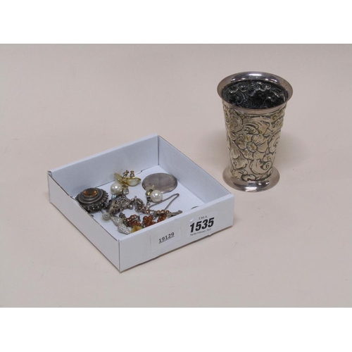 1535 - SILVER PLATED BEAKER, COSTUME JEWELLERY ETC