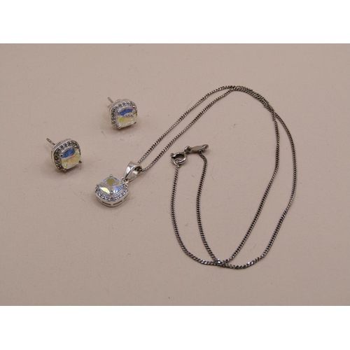 1536 - SILVER DIAMANTE NECKLACE, PENDANT AND EARRINGS