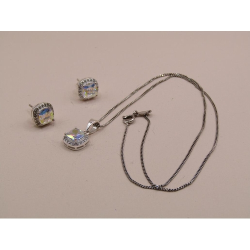 1536 - SILVER DIAMANTE NECKLACE, PENDANT AND EARRINGS