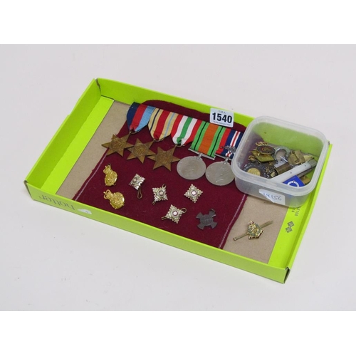 1540 - BAR OF SECOND WORLD WAR MEDALS INC. AFRICAN AND ITALIAN STAR, BOX OF MILITARY AND OTHER BADGES