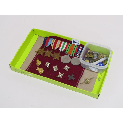 1540 - BAR OF SECOND WORLD WAR MEDALS INC. AFRICAN AND ITALIAN STAR, BOX OF MILITARY AND OTHER BADGES