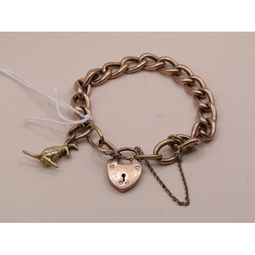 1548 - 9ct GOLD BRACELET, HEART SHAPED PADLOCK AND KANGAROO CHARM - 14.3g appx