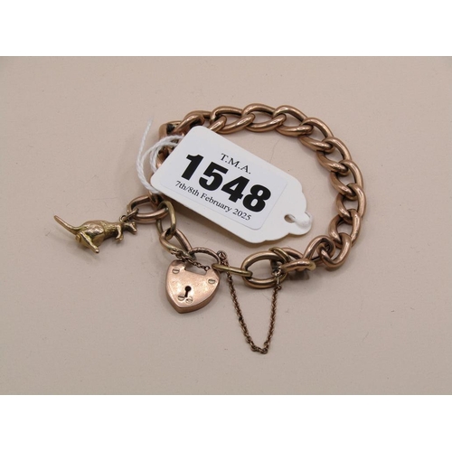 1548 - 9ct GOLD BRACELET, HEART SHAPED PADLOCK AND KANGAROO CHARM - 14.3g appx